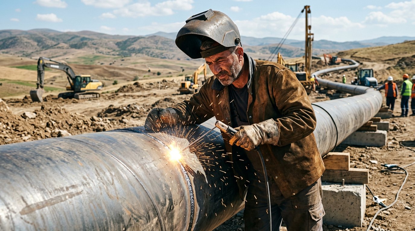 Metal boru hattında kaynak bağlantısı yapan usta