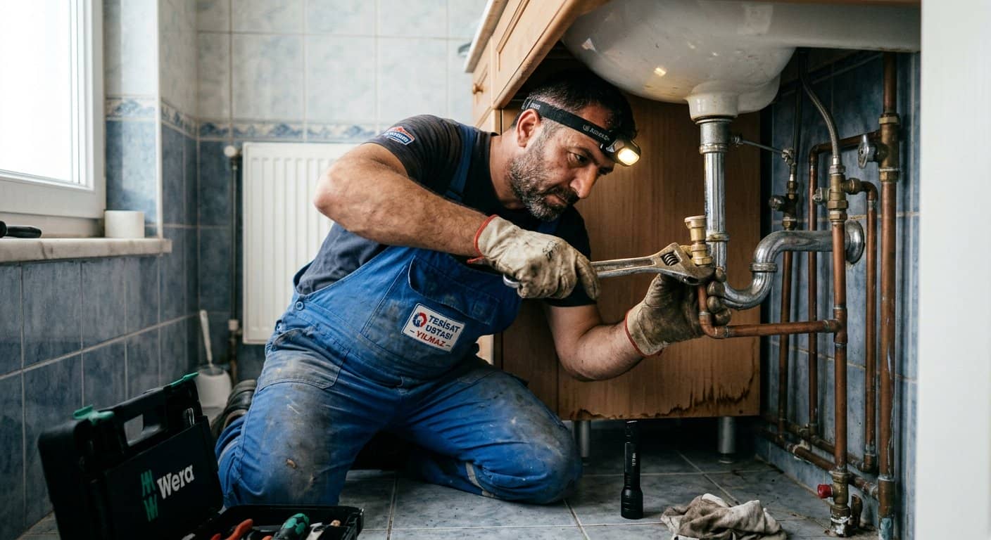 Tesisat Servisine Hazırlık — Su borusu ve tesisat bağlantıları üzerinde çalışma