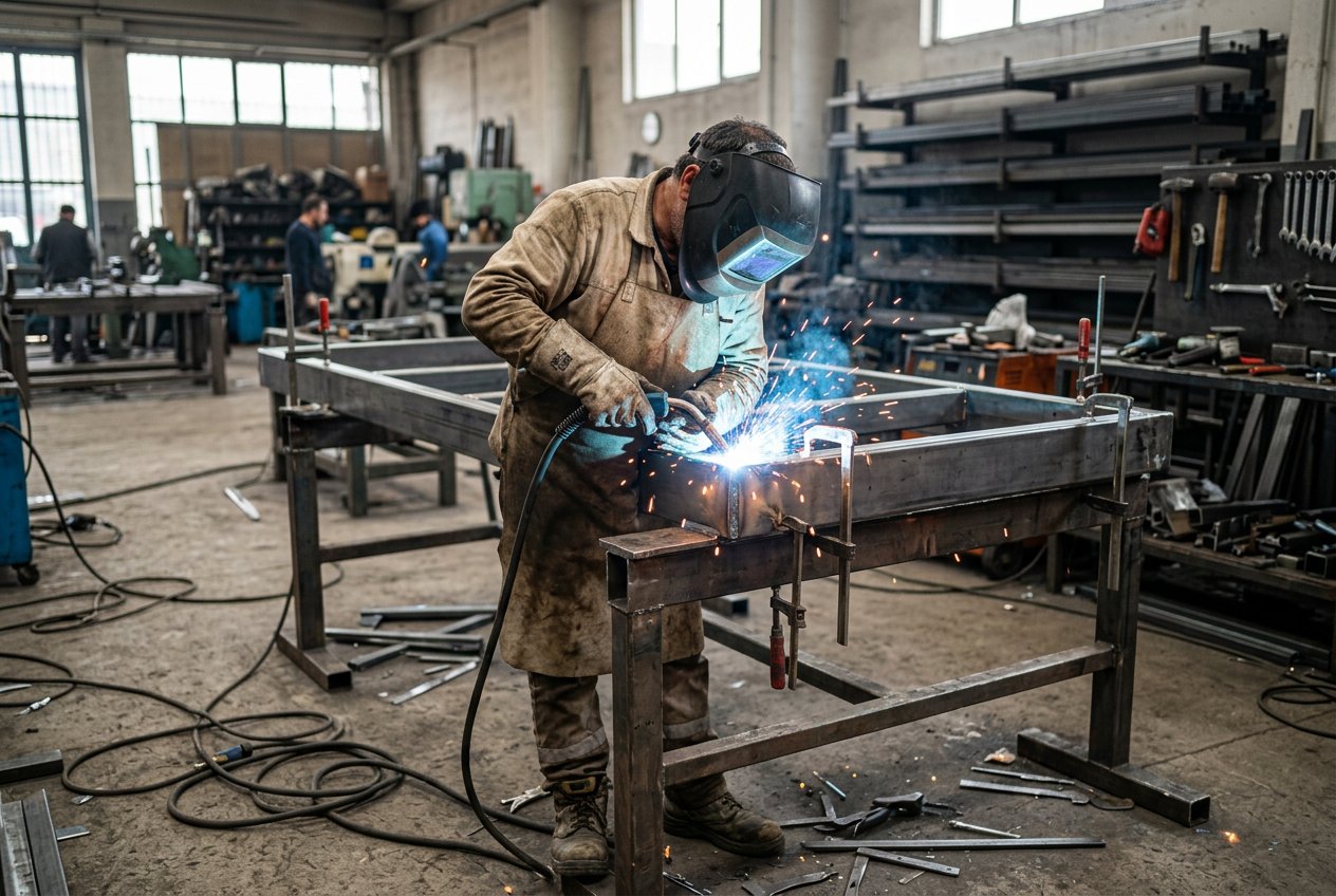 Metal şasi üzerinde kaynak çalışması